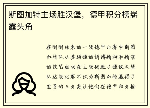 斯图加特主场胜汉堡，德甲积分榜崭露头角