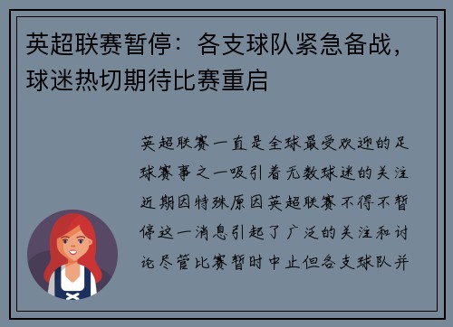 英超联赛暂停：各支球队紧急备战，球迷热切期待比赛重启