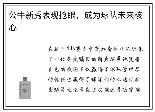 公牛新秀表现抢眼，成为球队未来核心