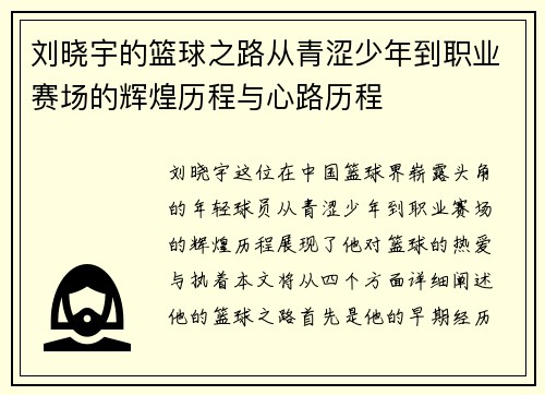刘晓宇的篮球之路从青涩少年到职业赛场的辉煌历程与心路历程