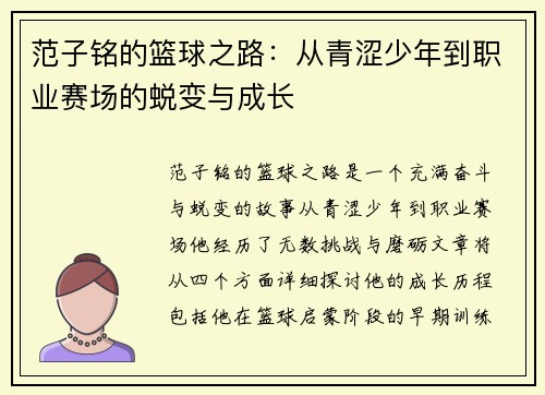 范子铭的篮球之路：从青涩少年到职业赛场的蜕变与成长