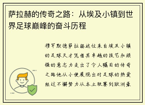 萨拉赫的传奇之路：从埃及小镇到世界足球巅峰的奋斗历程