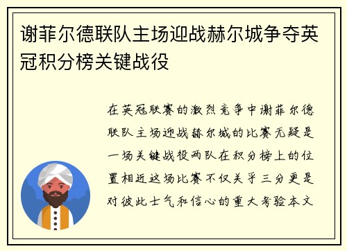 谢菲尔德联队主场迎战赫尔城争夺英冠积分榜关键战役