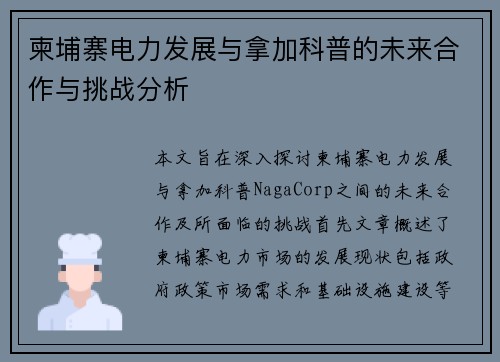 柬埔寨电力发展与拿加科普的未来合作与挑战分析