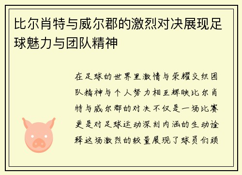 比尔肖特与威尔郡的激烈对决展现足球魅力与团队精神