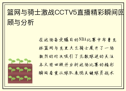 篮网与骑士激战CCTV5直播精彩瞬间回顾与分析