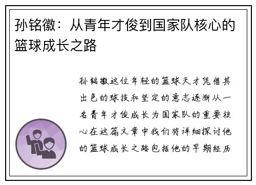 孙铭徽：从青年才俊到国家队核心的篮球成长之路