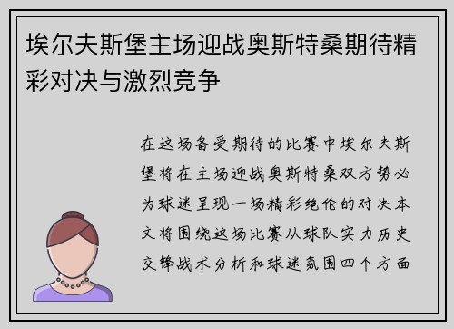 埃尔夫斯堡主场迎战奥斯特桑期待精彩对决与激烈竞争