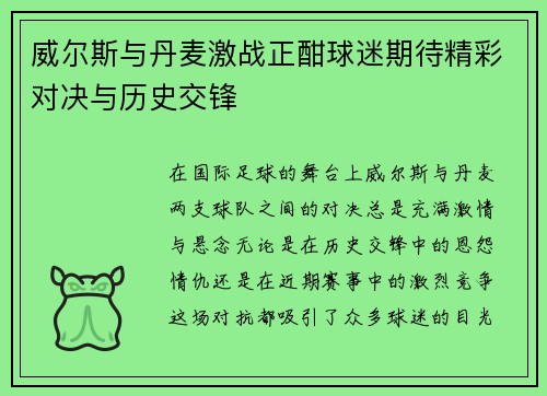 威尔斯与丹麦激战正酣球迷期待精彩对决与历史交锋